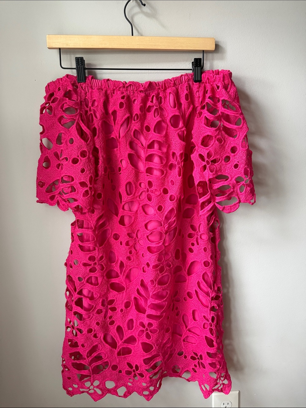 PRETTYGARDEN Pink Floral Lace Off Shoulder Mini Crochet Cutout Cottagecore Dress